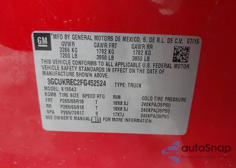 2015 Chevrolet Silverado 1500 2Lt from USA, damaged, VIN 3GCUKREC2FG452524